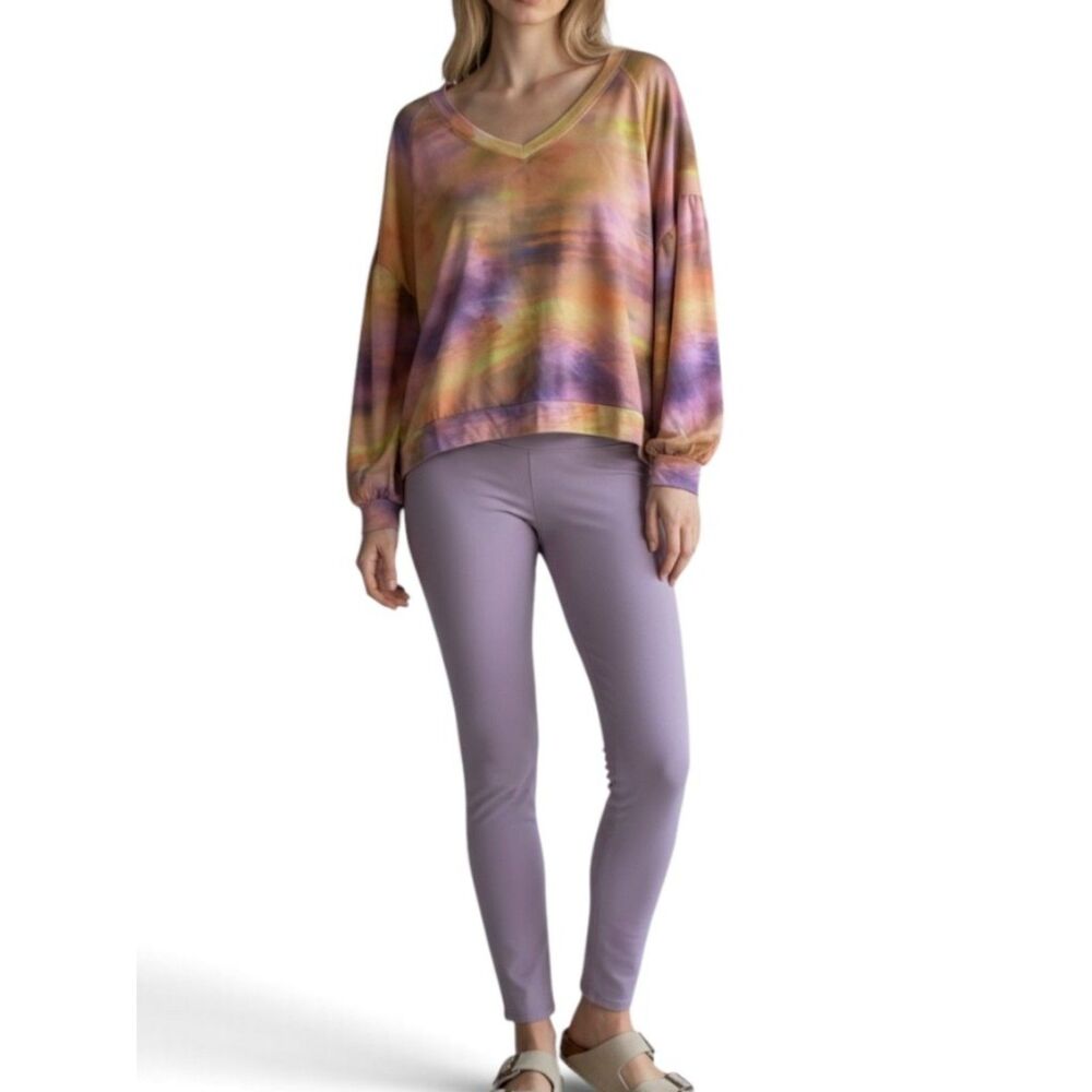 Nanette Lepore Watercolor Dye V-Neck Blouson Sleeve Soft Sweatshirt Large L NWT